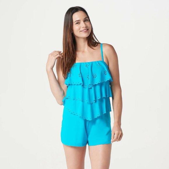 New With Tags $93 Fit 4 U Laser-Cut V-Tiered Bandeau Romper Turquoise Blue - Picture 1 of 4